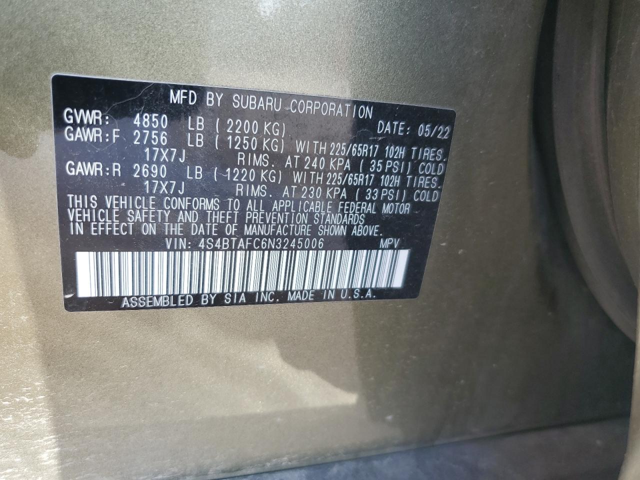 2022 Subaru Outback Premium VIN: 4S4BTAFC6N3245006 Lot: 64063745