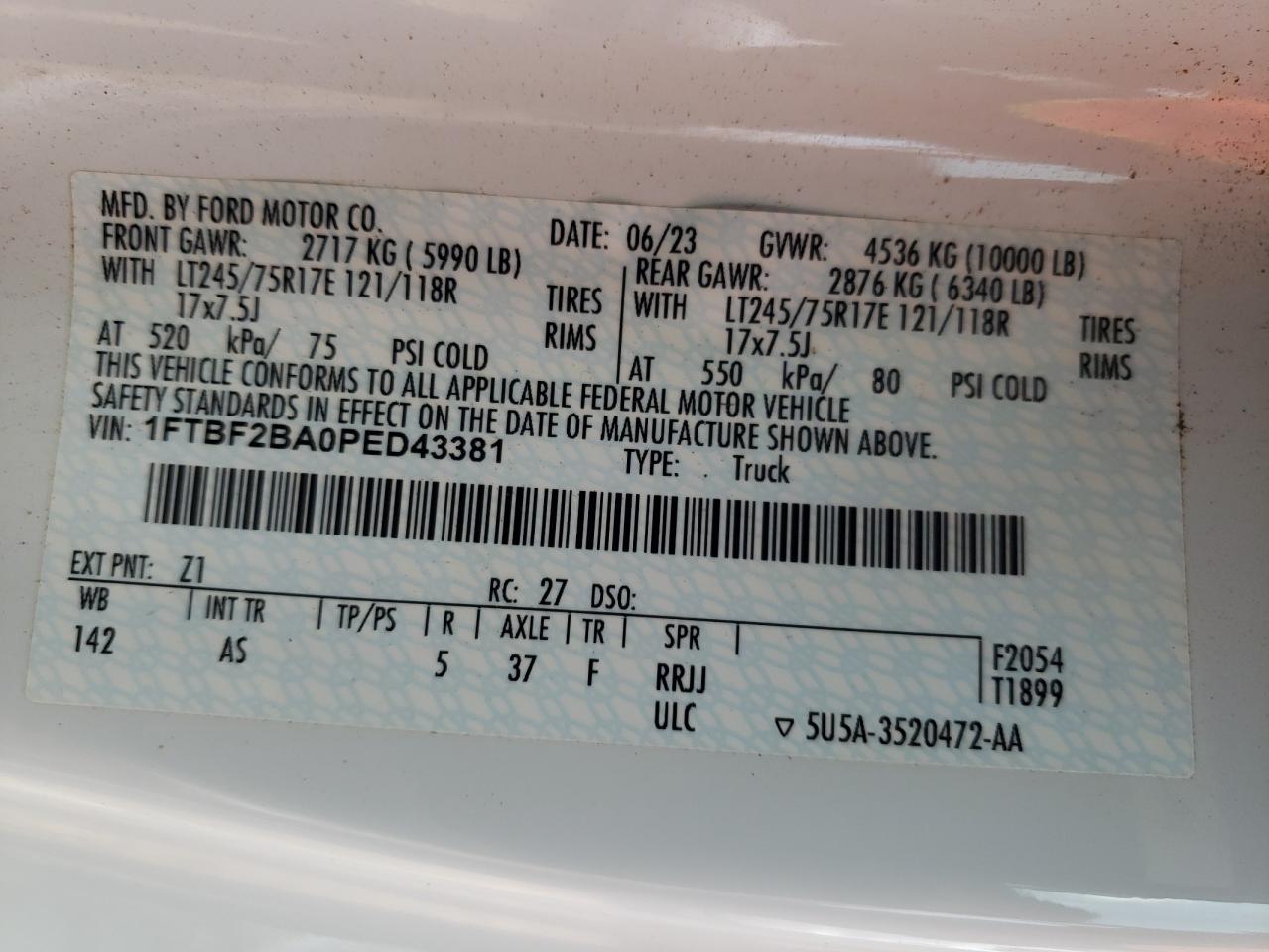 2023 Ford F250 Super Duty VIN: 1FTBF2BA0PED43381 Lot: 65512465