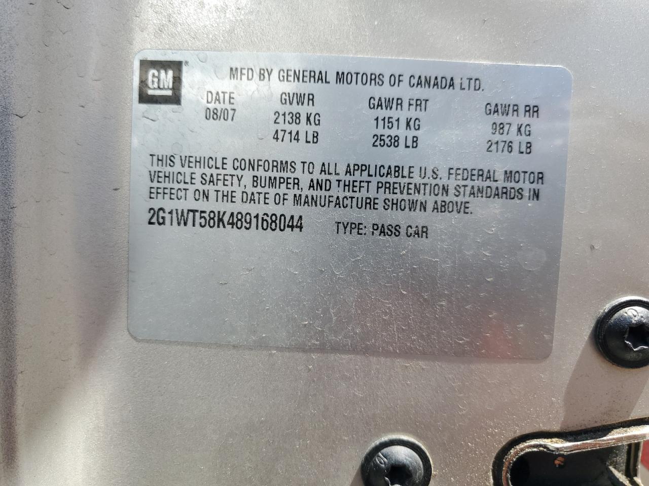 2008 Chevrolet Impala Lt VIN: 2G1WT58K489168044 Lot: 64696335