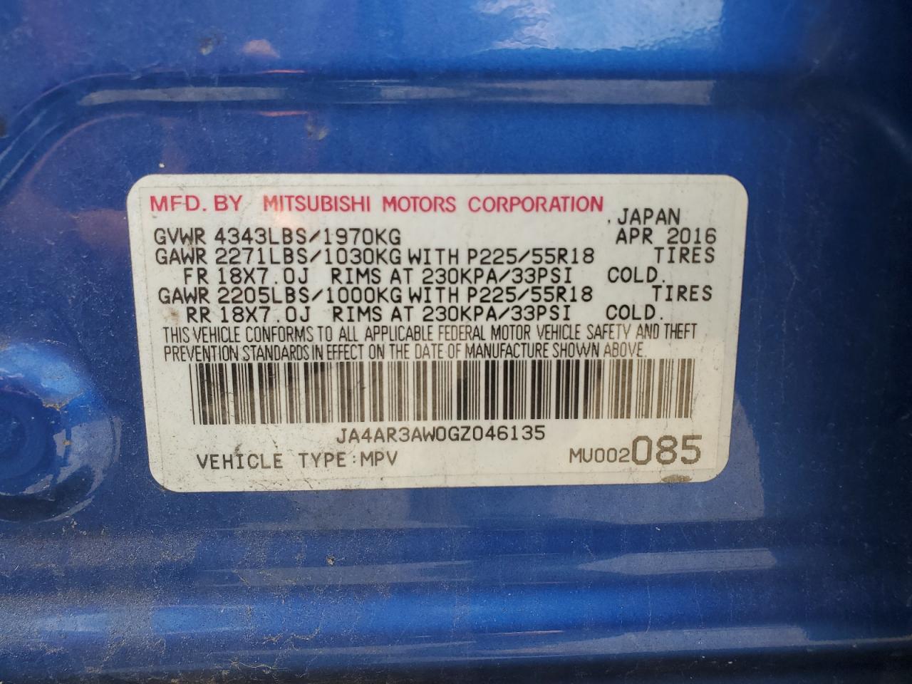 2016 Mitsubishi Outlander Sport Es VIN: JA4AR3AW0GZ046135 Lot: 65063155