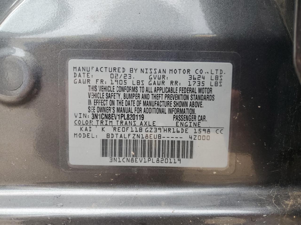 2023 Nissan Versa Sv VIN: 3N1CN8EV1PL820119 Lot: 65015395