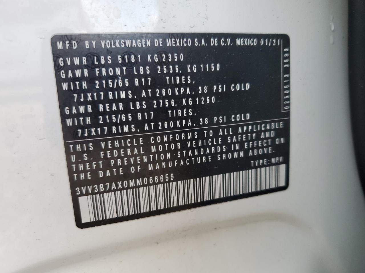 2021 Volkswagen Tiguan Se VIN: 3VV3B7AX0MM066659 Lot: 64580135