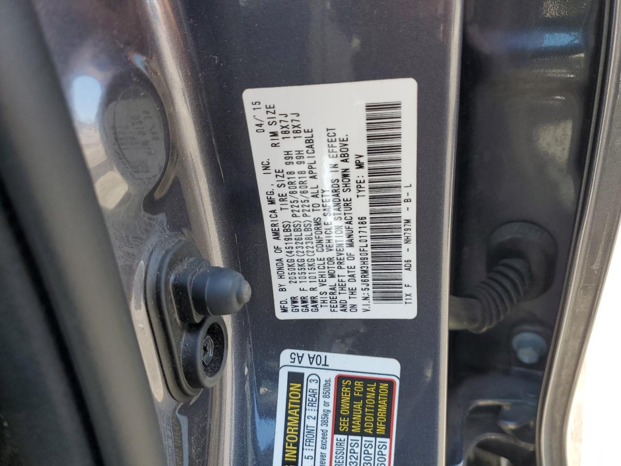 2015 Honda Cr-V Touring VIN: 5J6RM3H90FL017186 Lot: 65840495