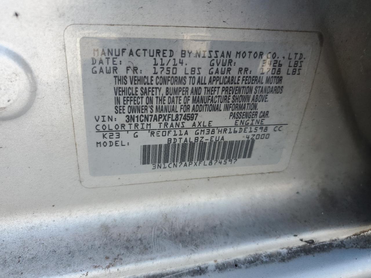 2015 Nissan Versa S VIN: 3N1CN7APXFL874597 Lot: 65362775