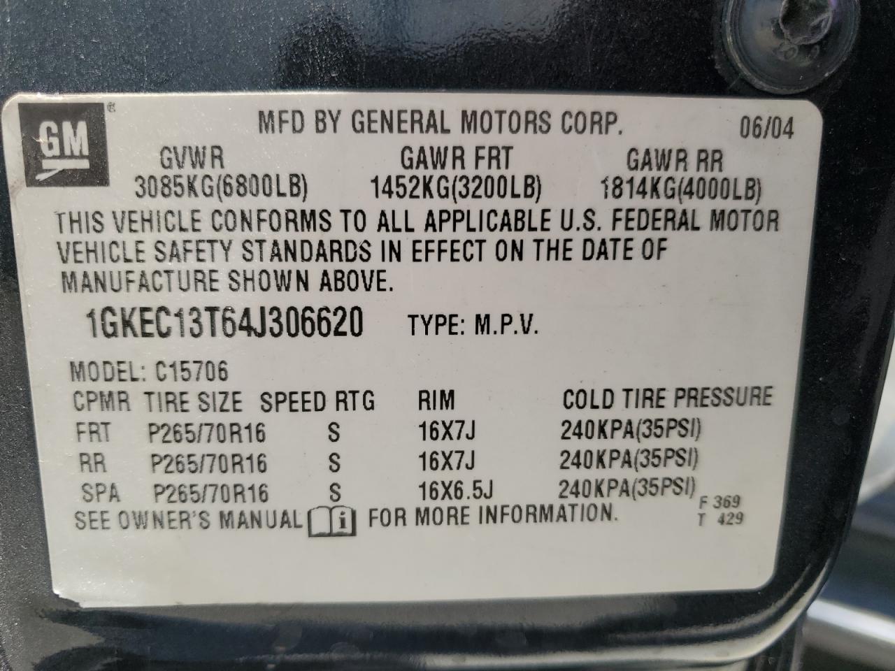 2004 GMC Yukon VIN: 1GKEC13T64J306620 Lot: 63784385