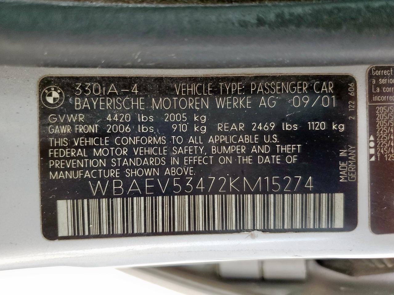 2002 BMW 330 I VIN: WBAEV53472KM15274 Lot: 64690905