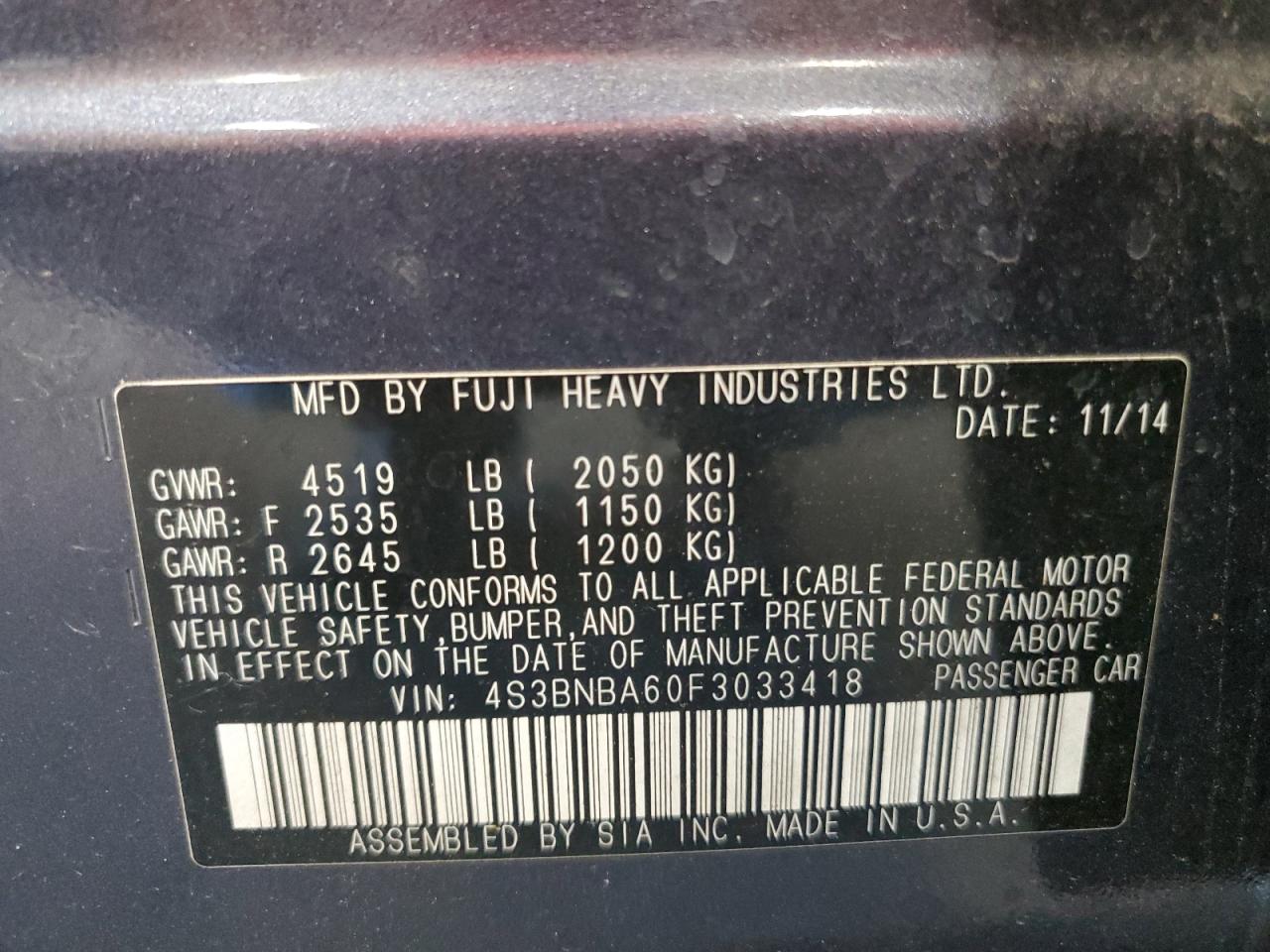 2015 Subaru Legacy 2.5I VIN: 4S3BNBA60F3033418 Lot: 64766135