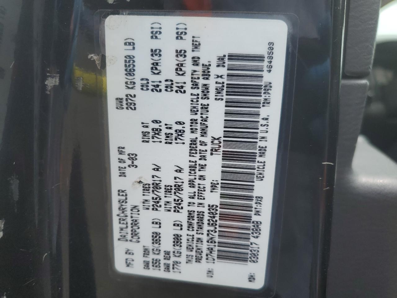 2003 Dodge Ram 1500 St VIN: 1D7HA16N73J624035 Lot: 64455925