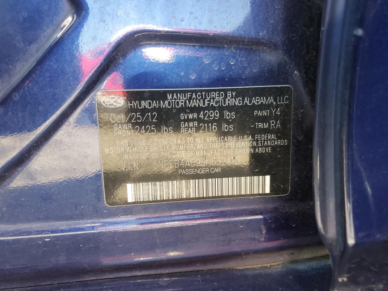 2013 Hyundai Sonata Gls VIN: 5NPEB4AC9DH632410 Lot: 64313285