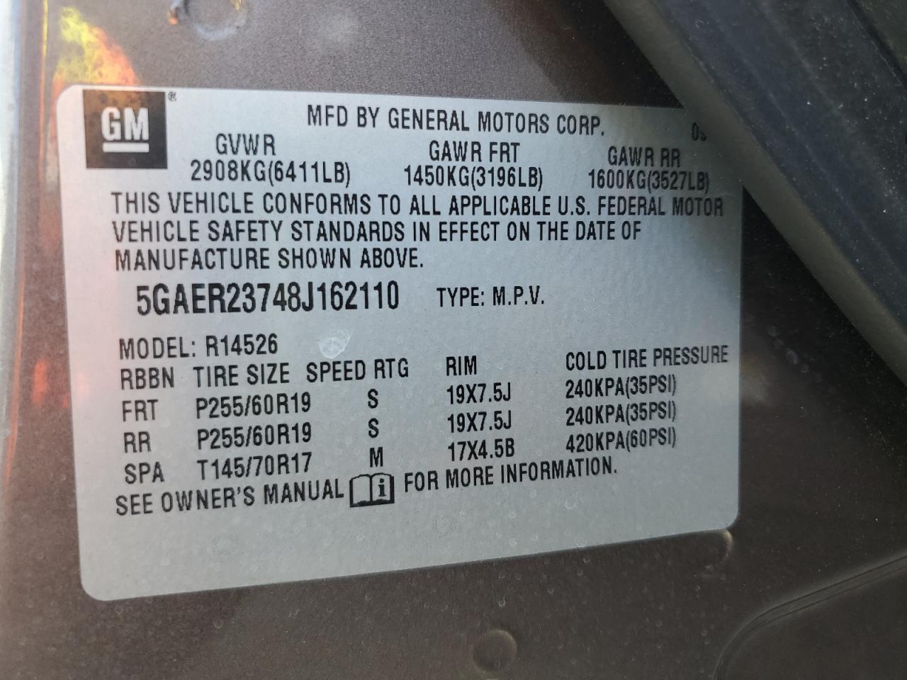 2008 Buick Enclave Cxl VIN: 5GAER23748J162110 Lot: 65008495