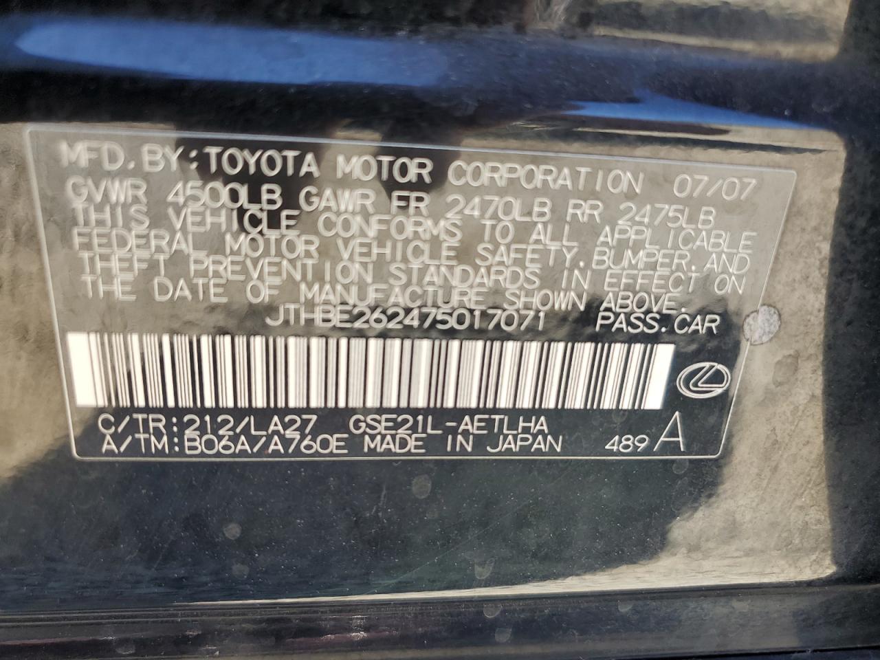 2007 Lexus Is 350 VIN: JTHBE262475017071 Lot: 66395175