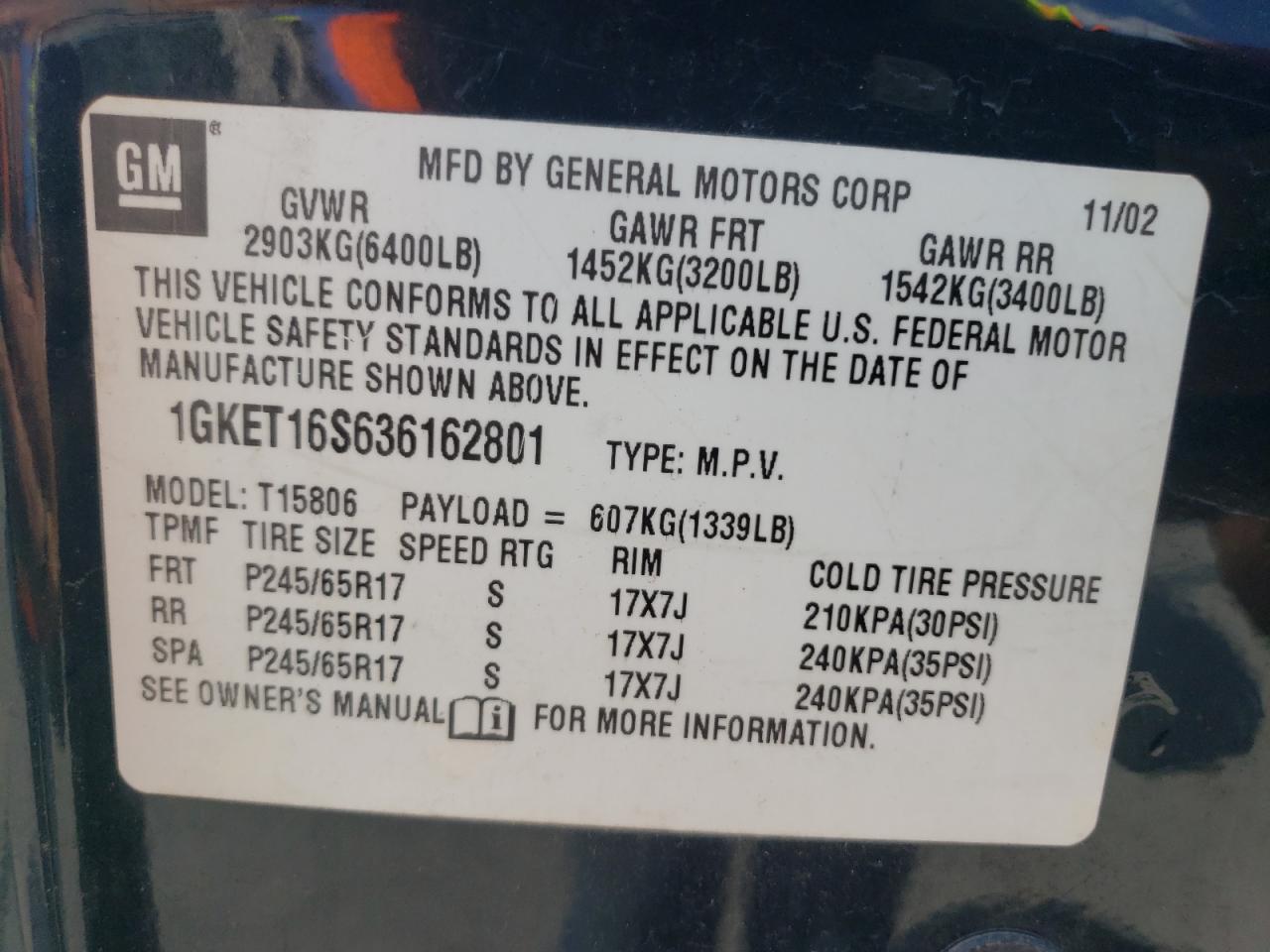 1gket16s636162801 1GKET16S636162801 2003 GMC Envoy Xl