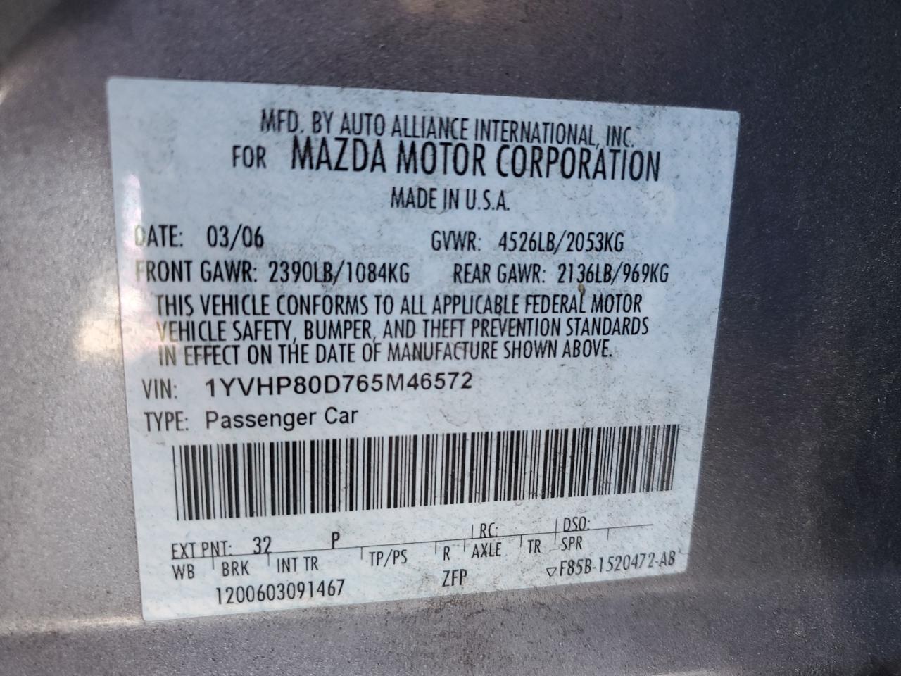 2006 Mazda 6 S VIN: 1YVHP80D765M46572 Lot: 64857735