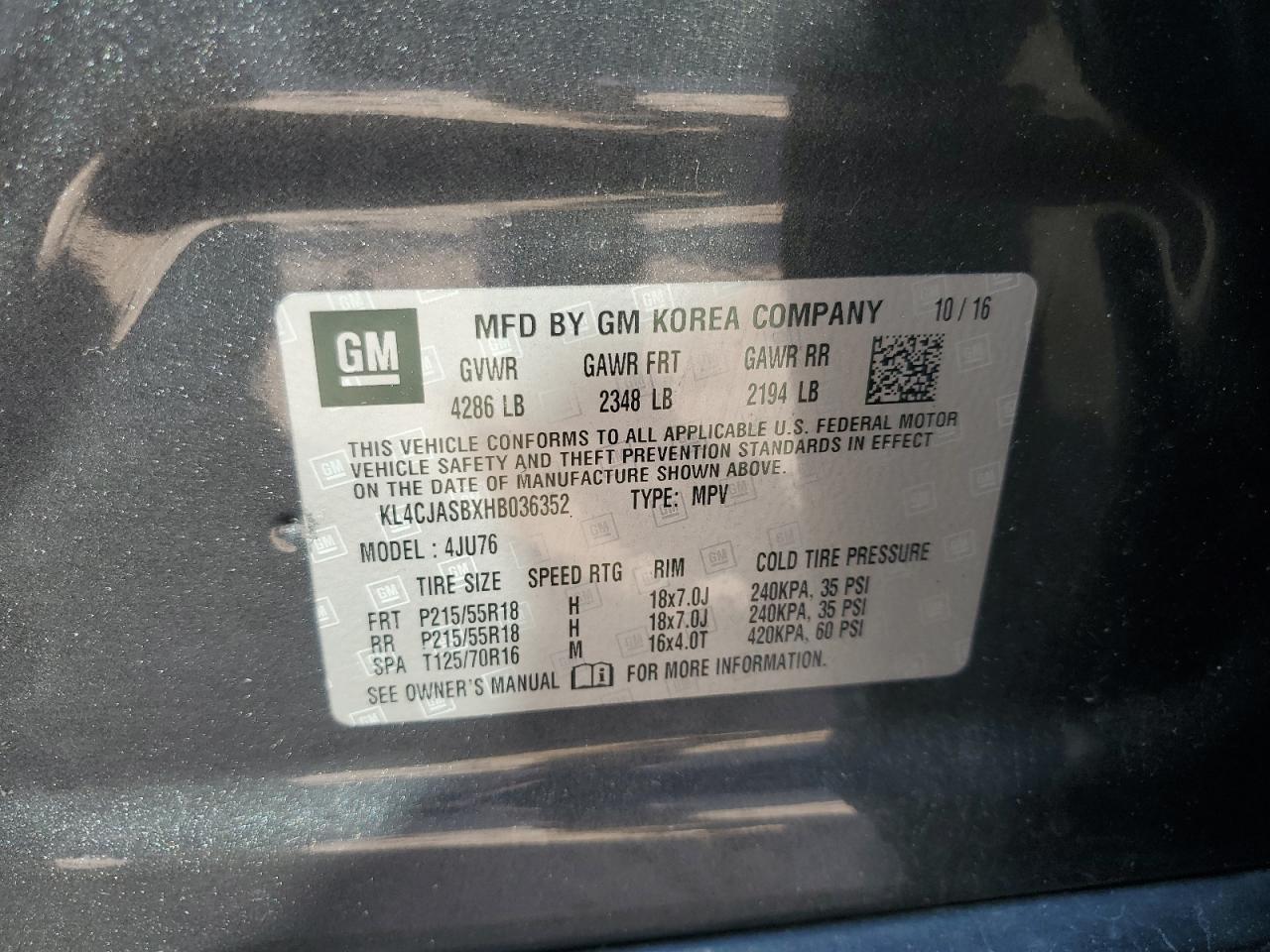 2017 Buick Encore Preferred VIN: KL4CJASBXHB036352 Lot: 64950695