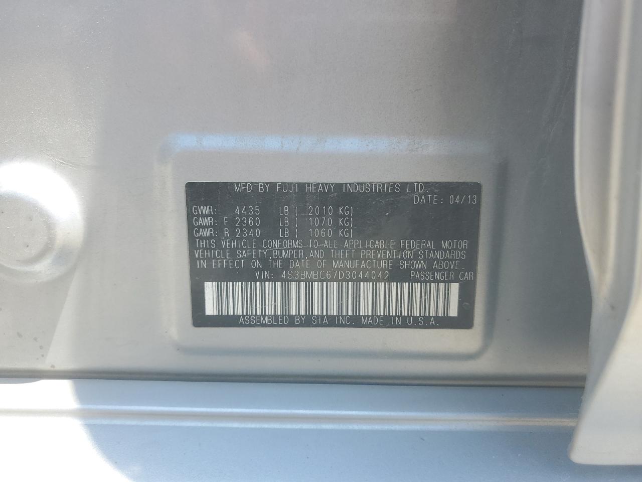 2013 Subaru Legacy 2.5I Premium VIN: 4S3BMBC67D3044042 Lot: 63604715