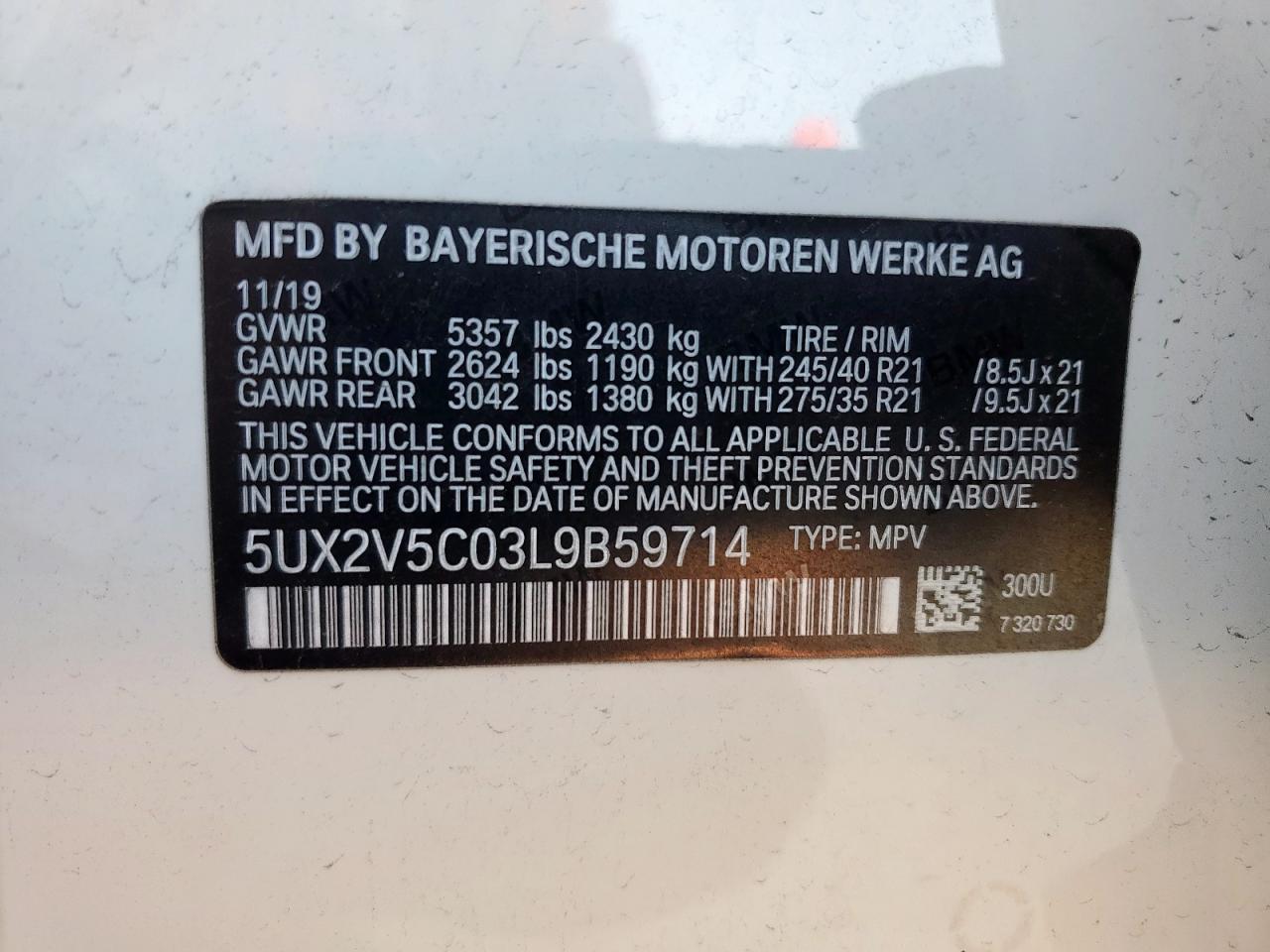 2020 BMW X4 xDrivem40I VIN: 5UX2V5C03L9B59714 Lot: 64387685