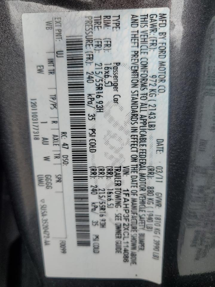 2012 Ford Focus Se VIN: 1FAHP3F2XCL114086 Lot: 64300185