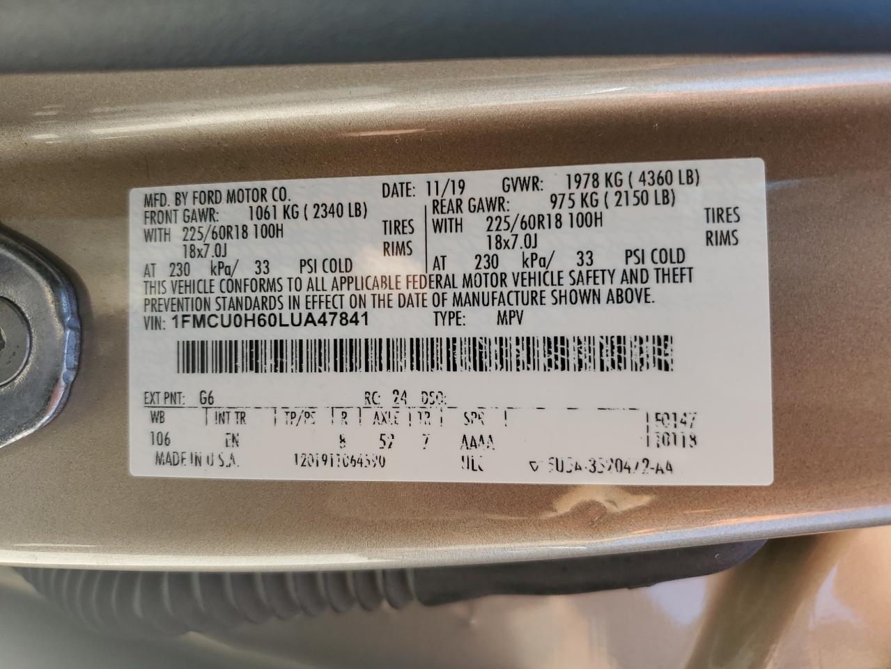 2020 Ford Escape Sel VIN: 1FMCU0H60LUA47841 Lot: 65449115