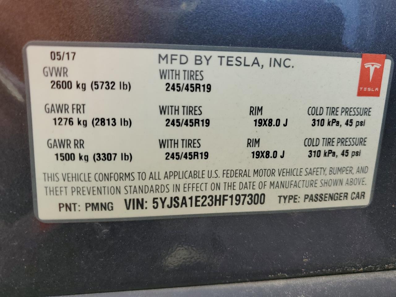 2017 Tesla Model S VIN: 5YJSA1E23HF197300 Lot: 65057735