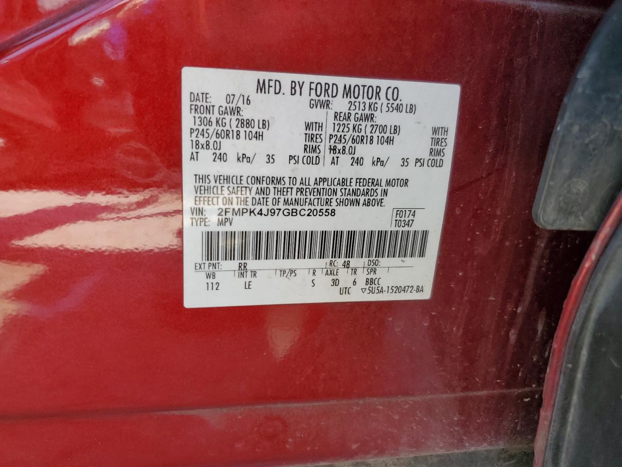 2016 Ford Edge Sel VIN: 2FMPK4J97GBC20558 Lot: 64685475