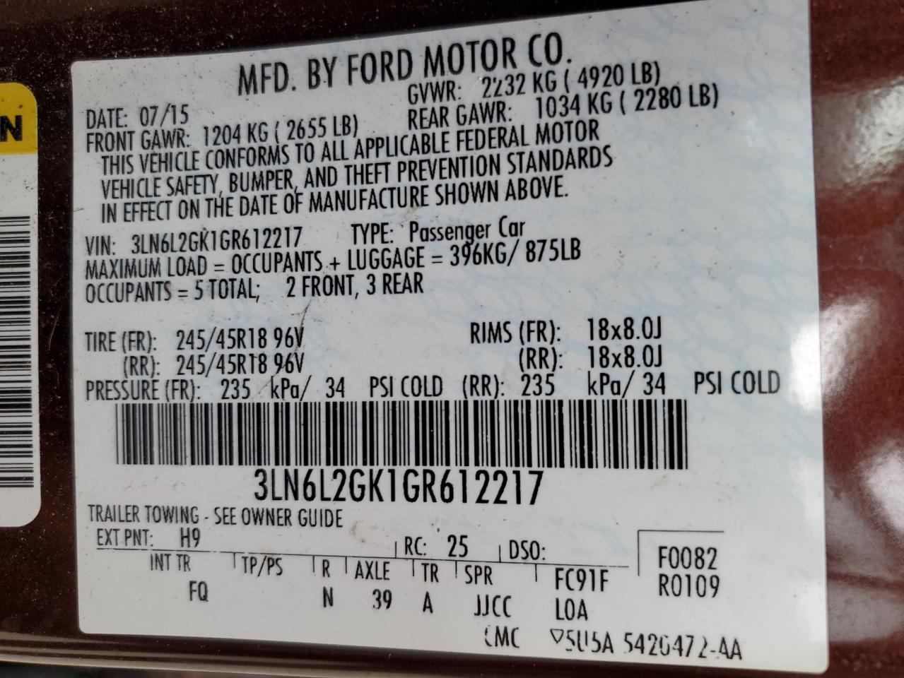 2016 Lincoln Mkz VIN: 3LN6L2GK1GR612217 Lot: 66039175