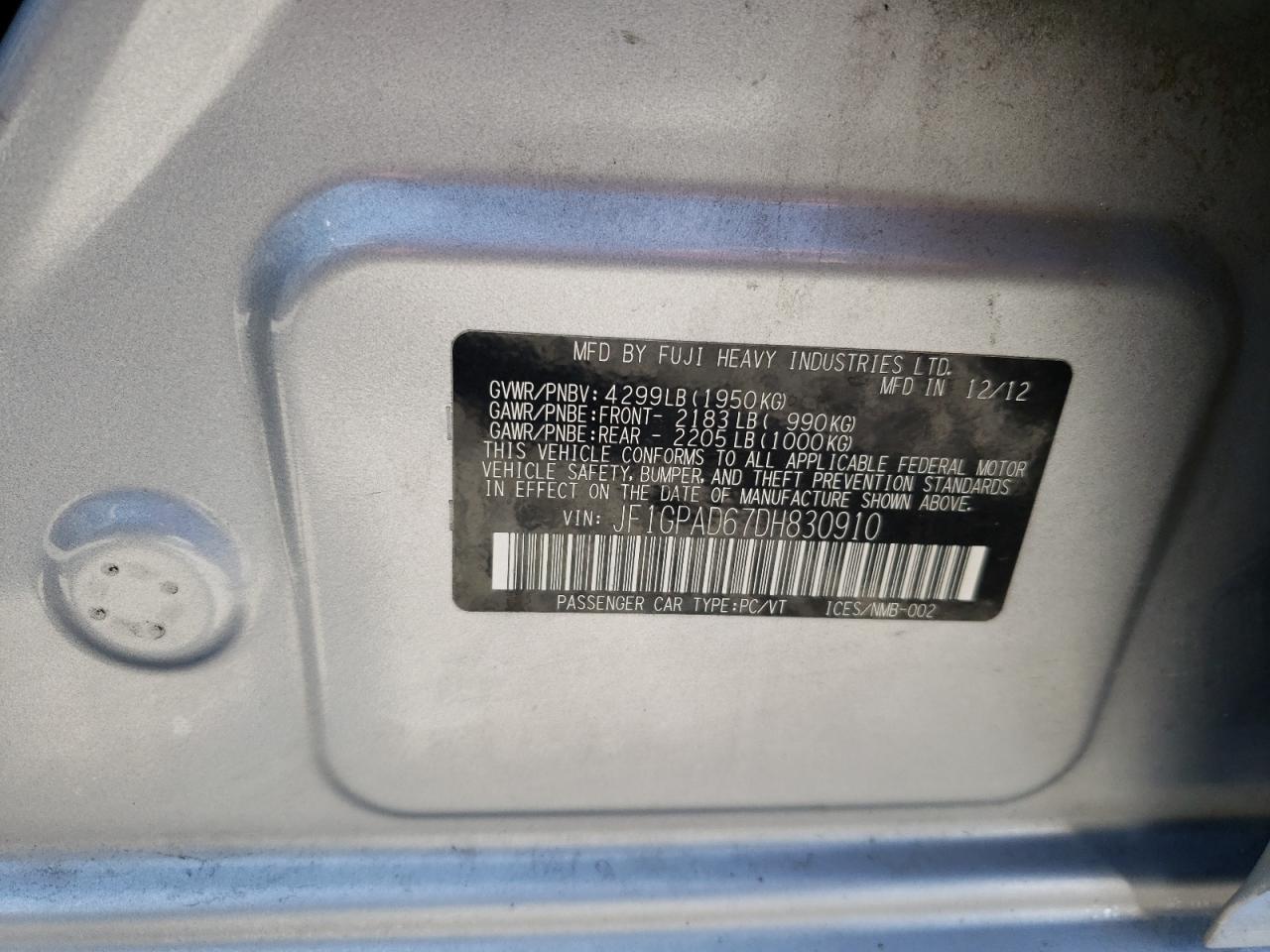2013 Subaru Impreza Premium VIN: JF1GPAD67DH830910 Lot: 64026315