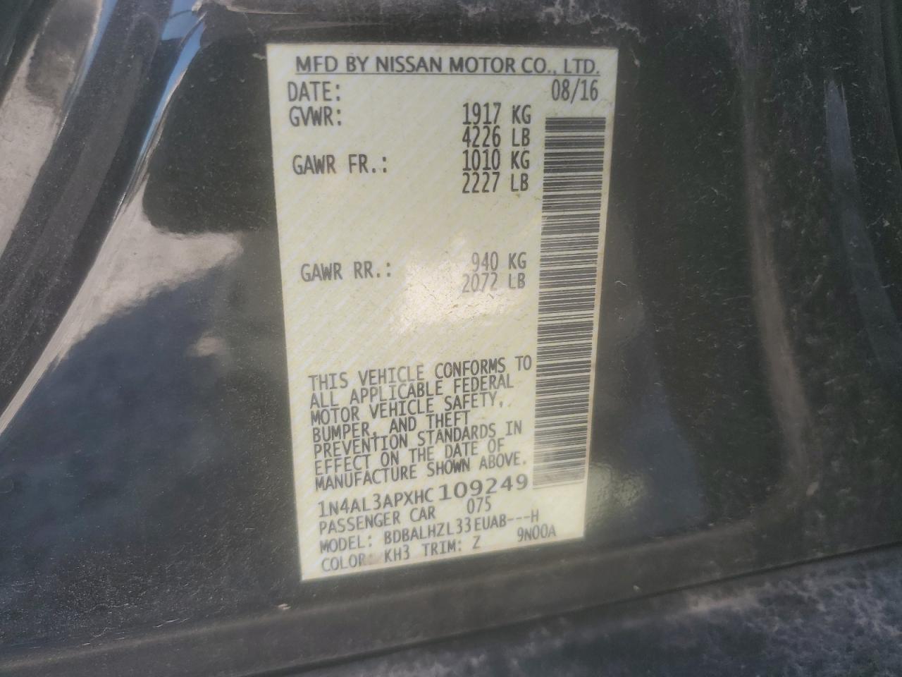 2017 Nissan Altima 2.5 VIN: 1N4AL3APXHC109249 Lot: 64819265