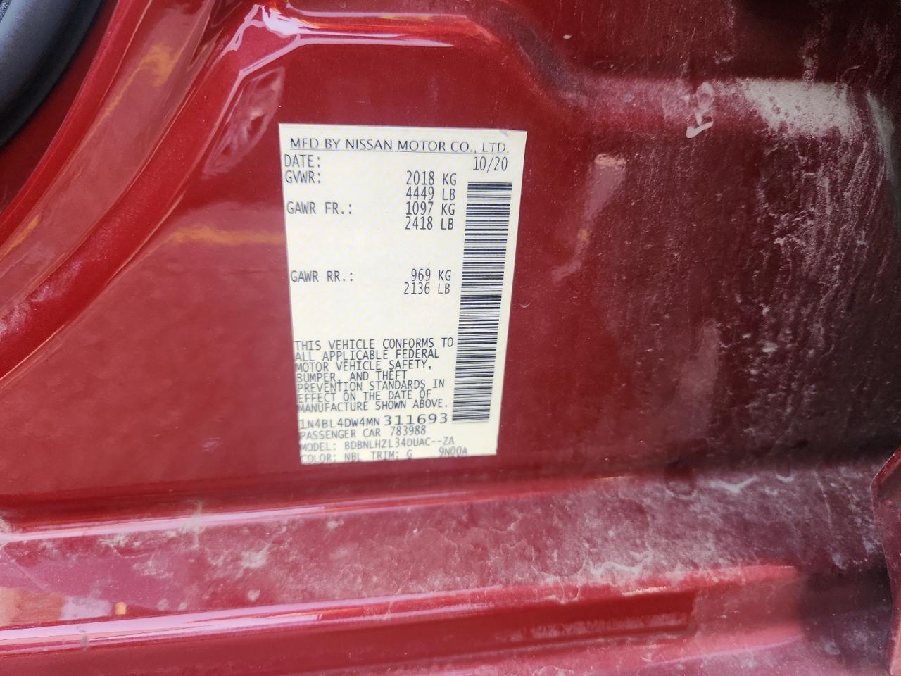 2021 Nissan Altima Sv VIN: 1N4BL4DW4MN311693 Lot: 64586005