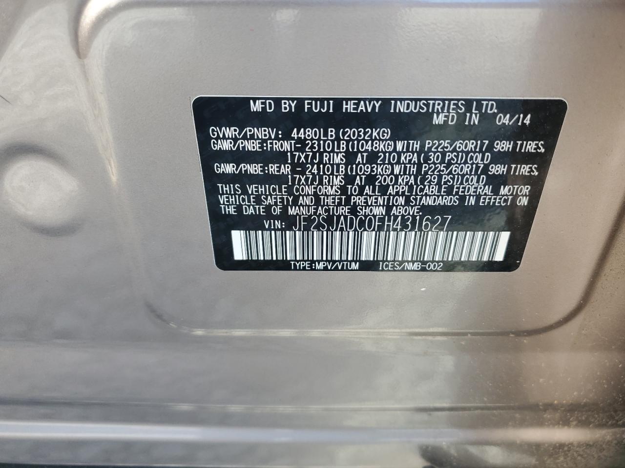 2015 Subaru Forester 2.5I Premium VIN: JF2SJADC0FH431627 Lot: 64026545