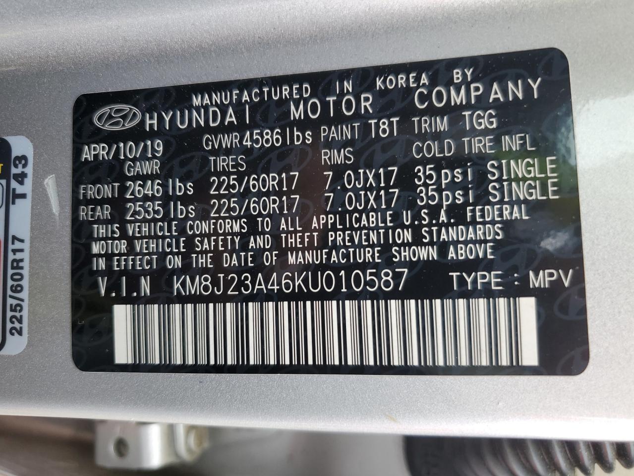 2019 Hyundai Tucson Se VIN: KM8J23A46KU010587 Lot: 64135955