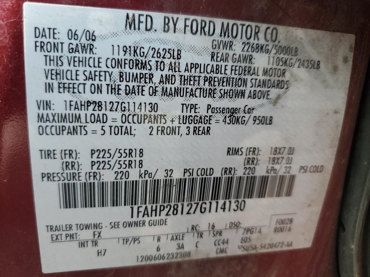 2007 Ford Five Hundred Limited VIN: 1FAHP28127G114130 Lot: 65203145