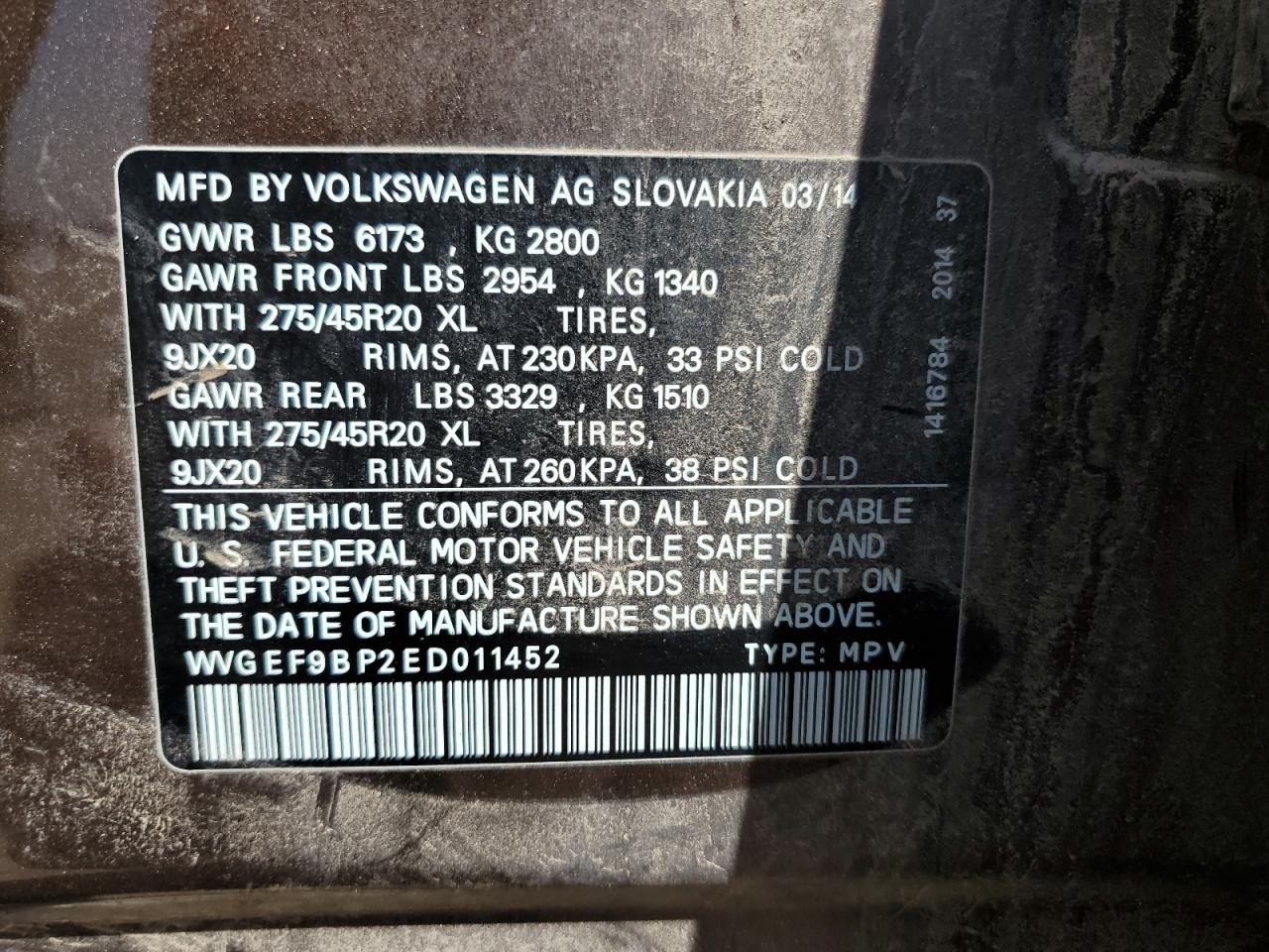 2014 Volkswagen Touareg V6 VIN: WVGEF9BP2ED011452 Lot: 64897065
