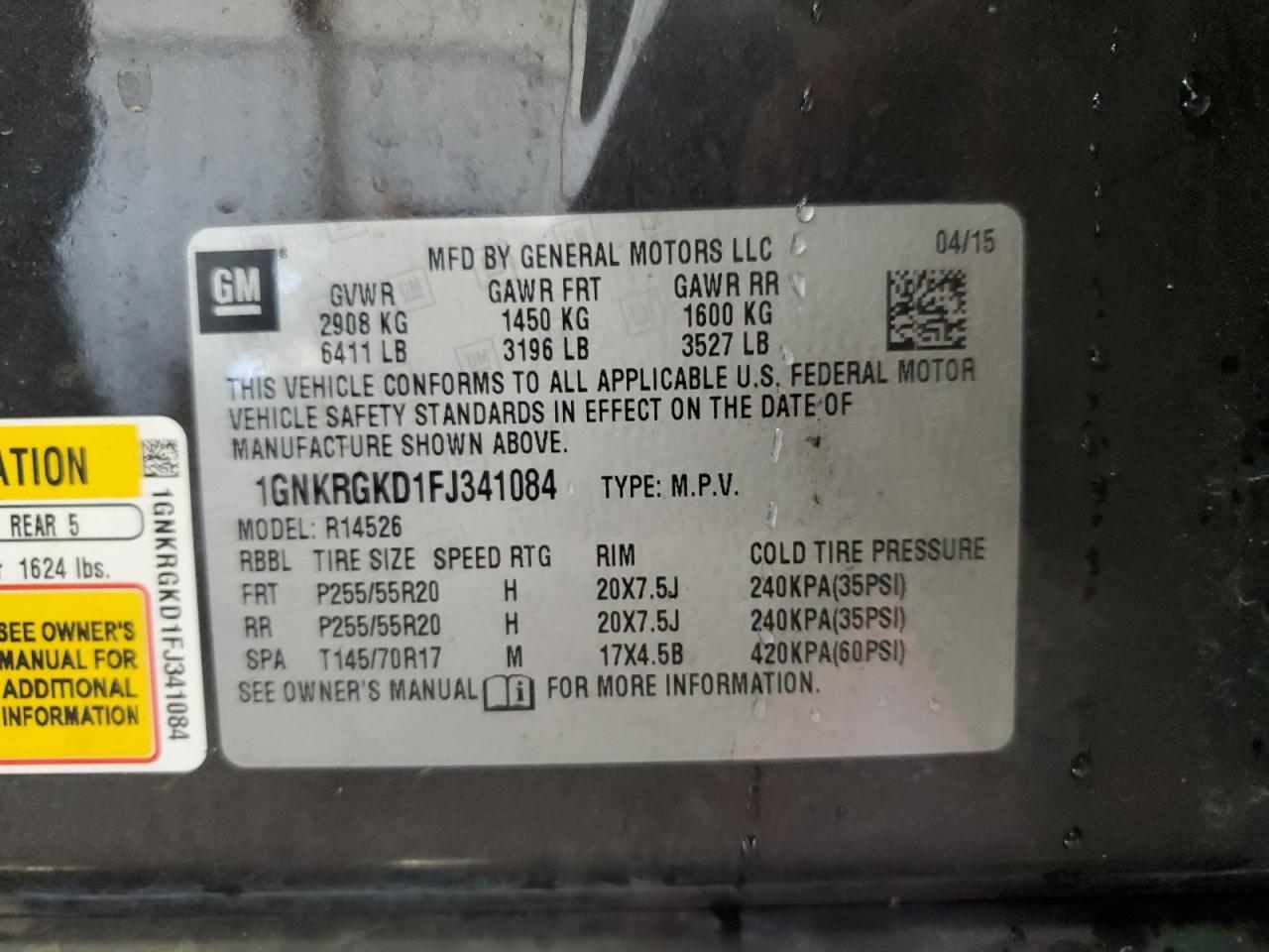 1GNKRGKD1FJ341084 2015 Chevrolet Traverse Lt