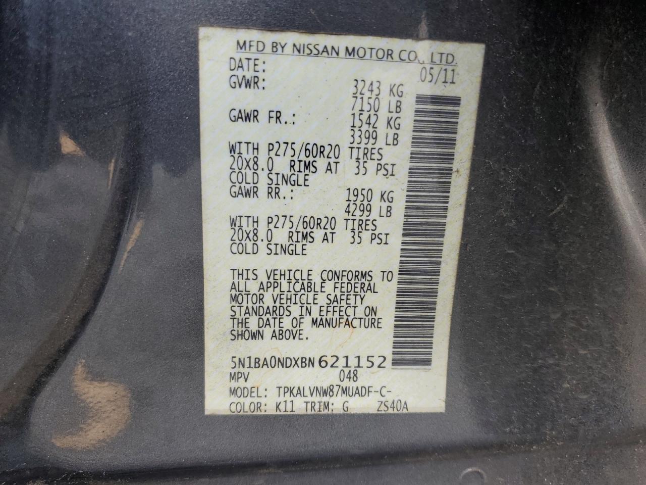 2011 Nissan Armada Sv VIN: 5N1BA0NDXBN621152 Lot: 64470195