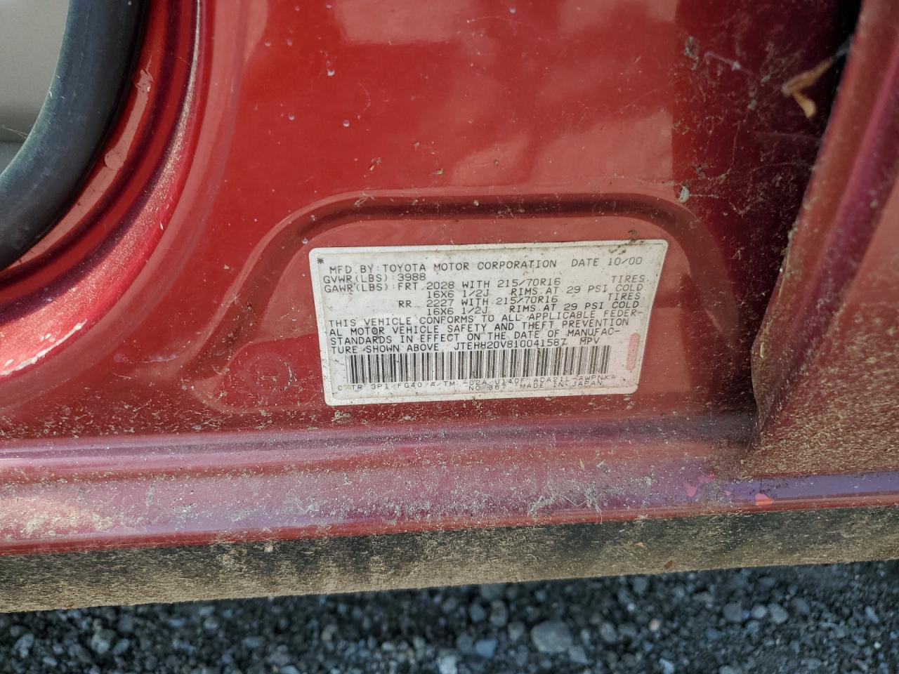 2001 Toyota Rav4 VIN: JTEHH20V810041587 Lot: 67035215