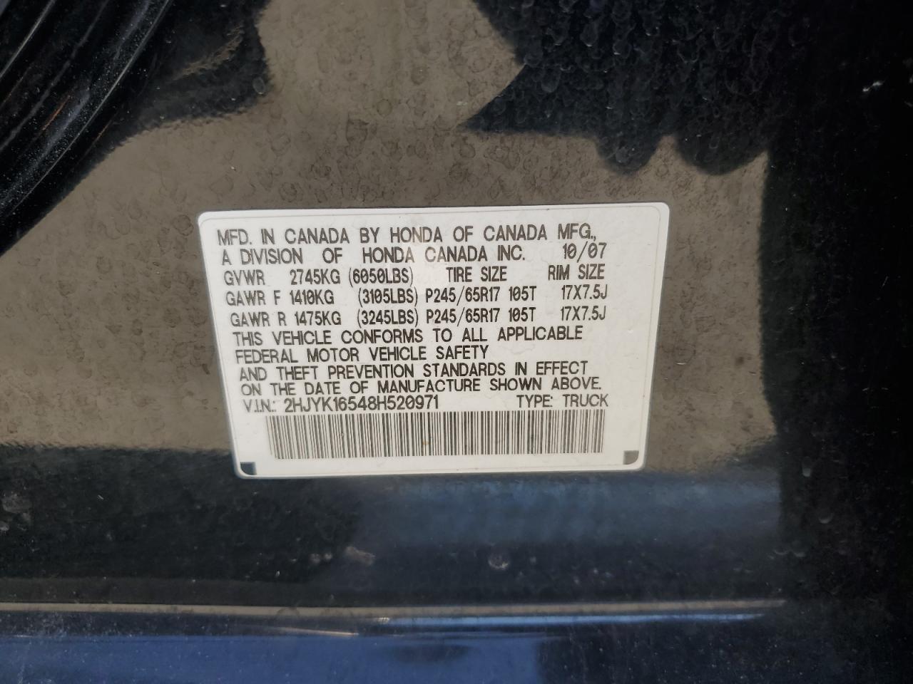 2008 Honda Ridgeline Rtl VIN: 2HJYK16548H520971 Lot: 64038345