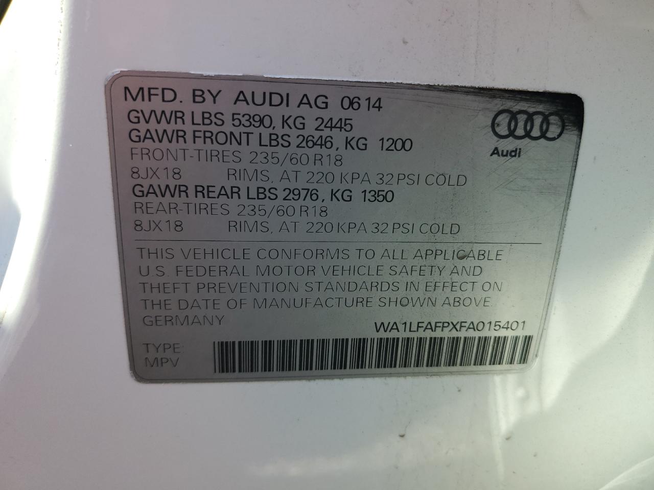 2015 Audi Q5 Premium Plus VIN: WA1LFAFPXFA015401 Lot: 65186165