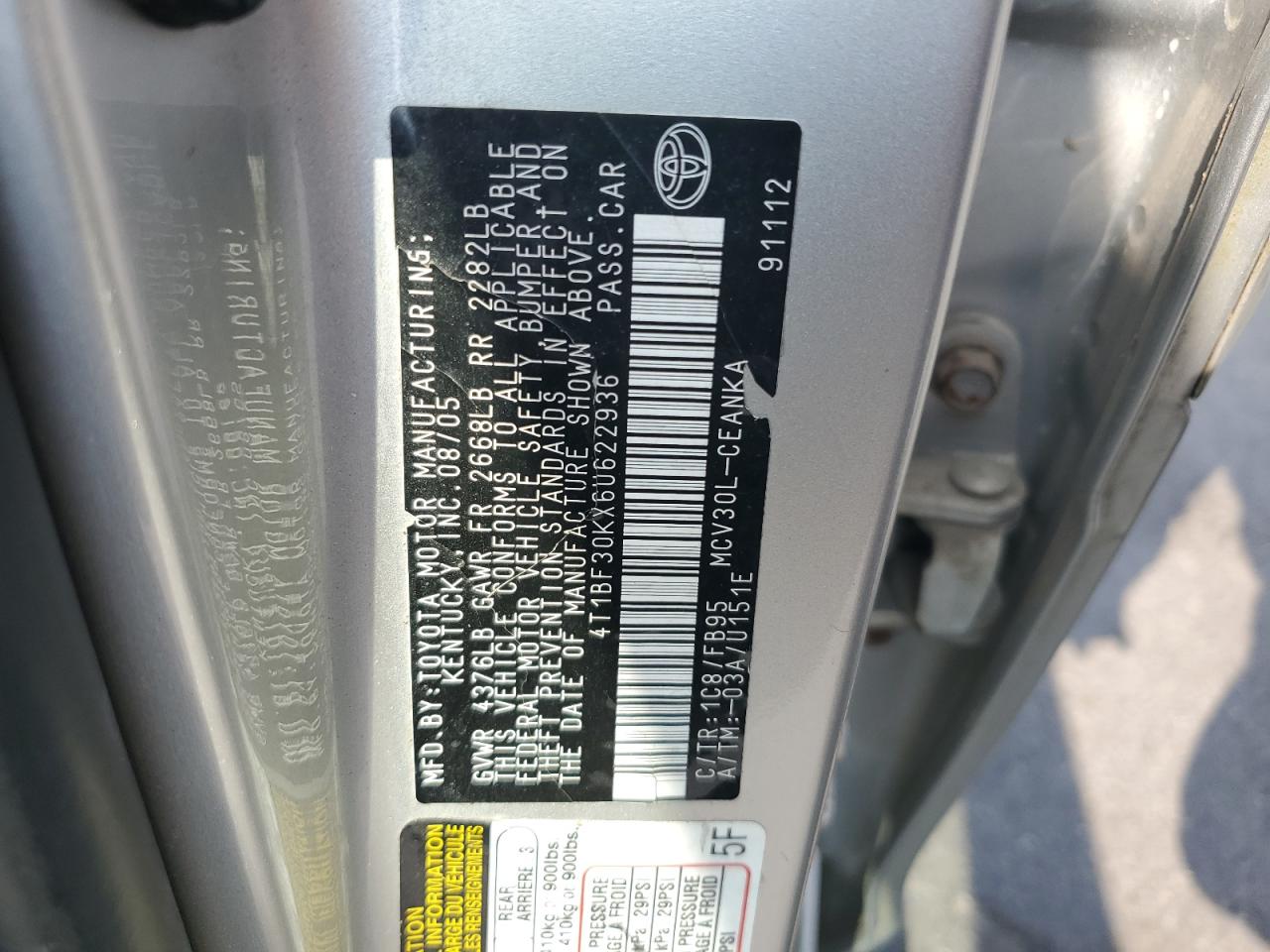 2006 Toyota Camry Le VIN: 4T1BF30KX6U622936 Lot: 65065105