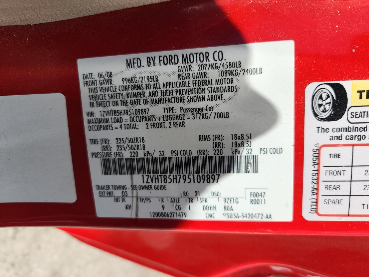 2009 Ford Mustang Gt VIN: 1ZVHT85H795109897 Lot: 64813875