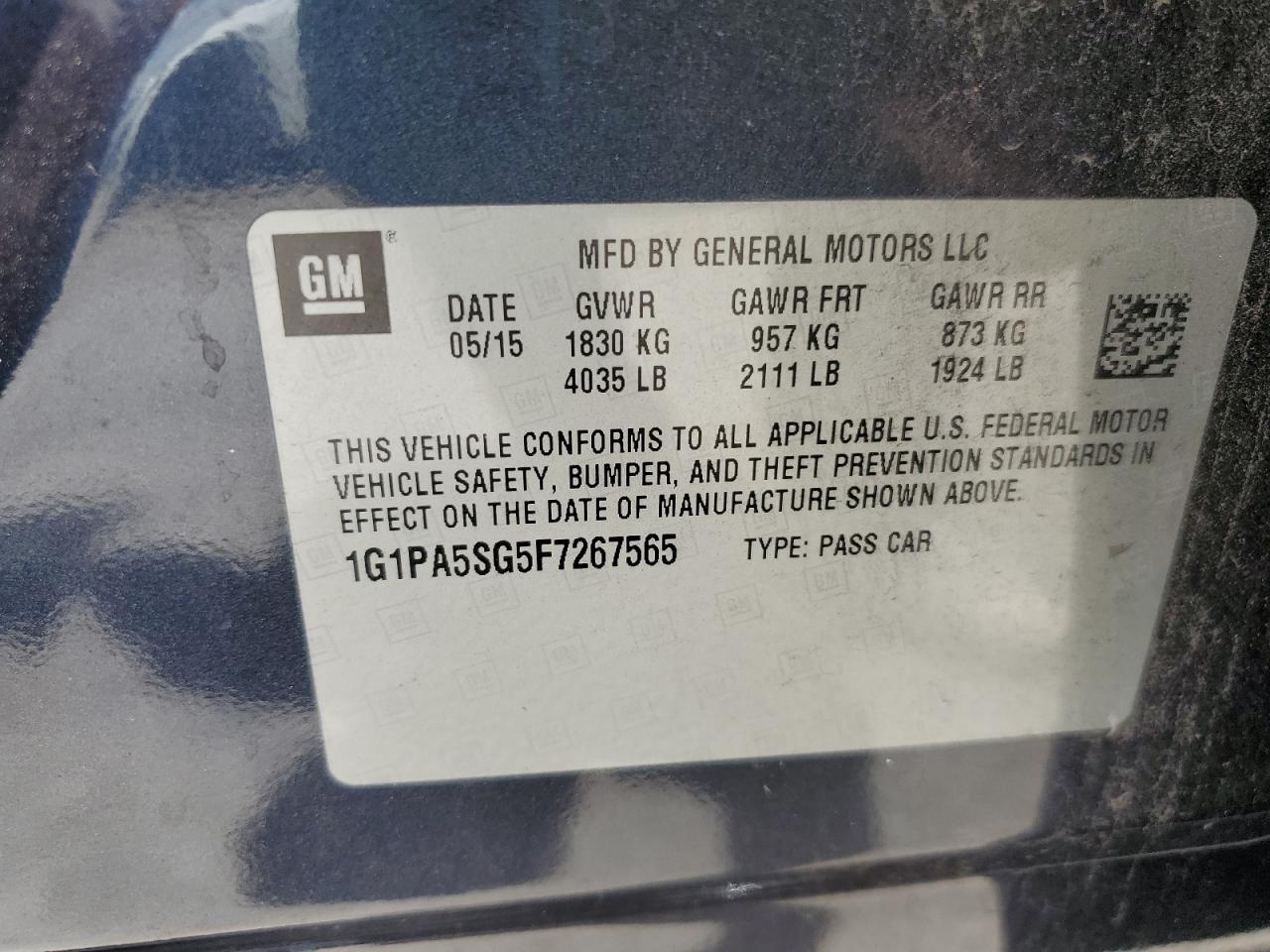 2015 Chevrolet Cruze Ls VIN: 1G1PA5SG5F7267565 Lot: 65292875