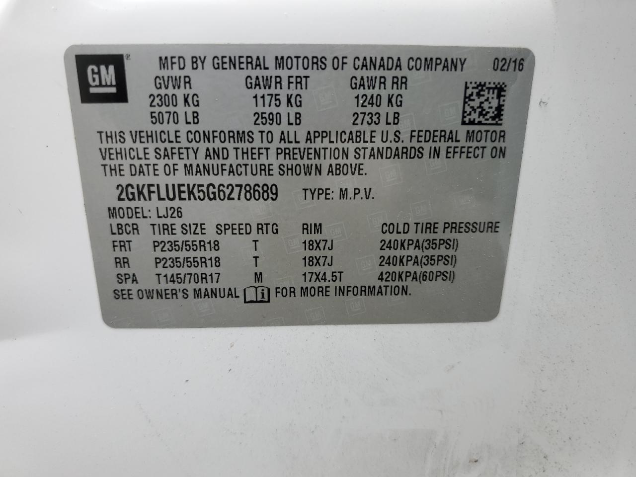 2016 GMC Terrain Slt VIN: 2GKFLUEK5G6278689 Lot: 63987255