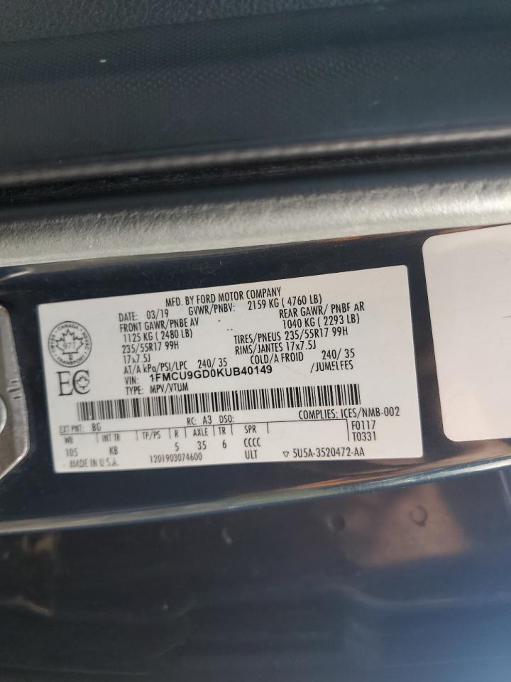 2019 Ford Escape Se VIN: 1FMCU9GD0KUB40149 Lot: 65372935