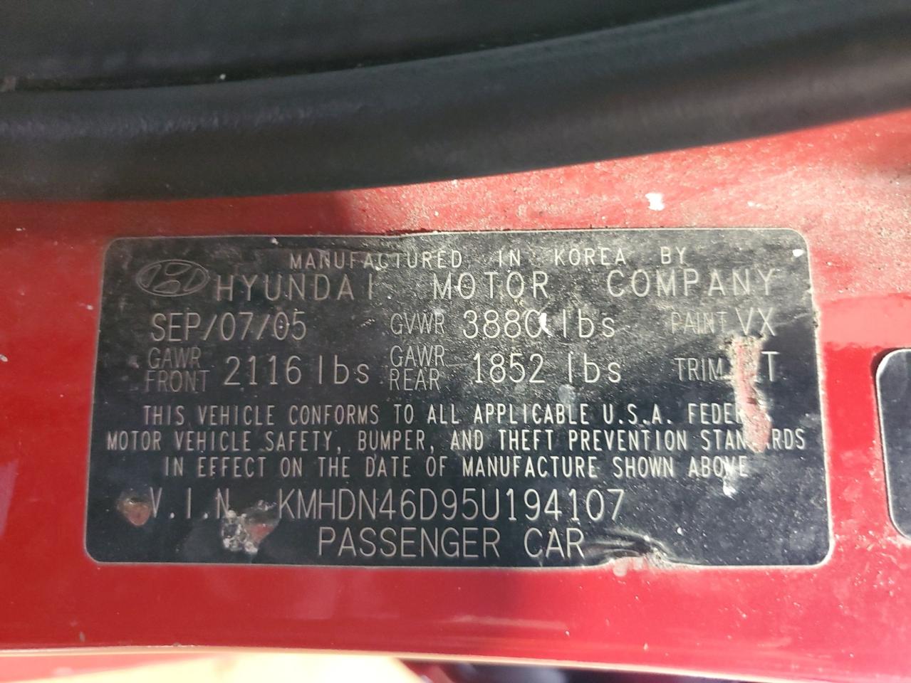 2005 Hyundai Elantra Gls VIN: KMHDN46D95U194107 Lot: 63486405