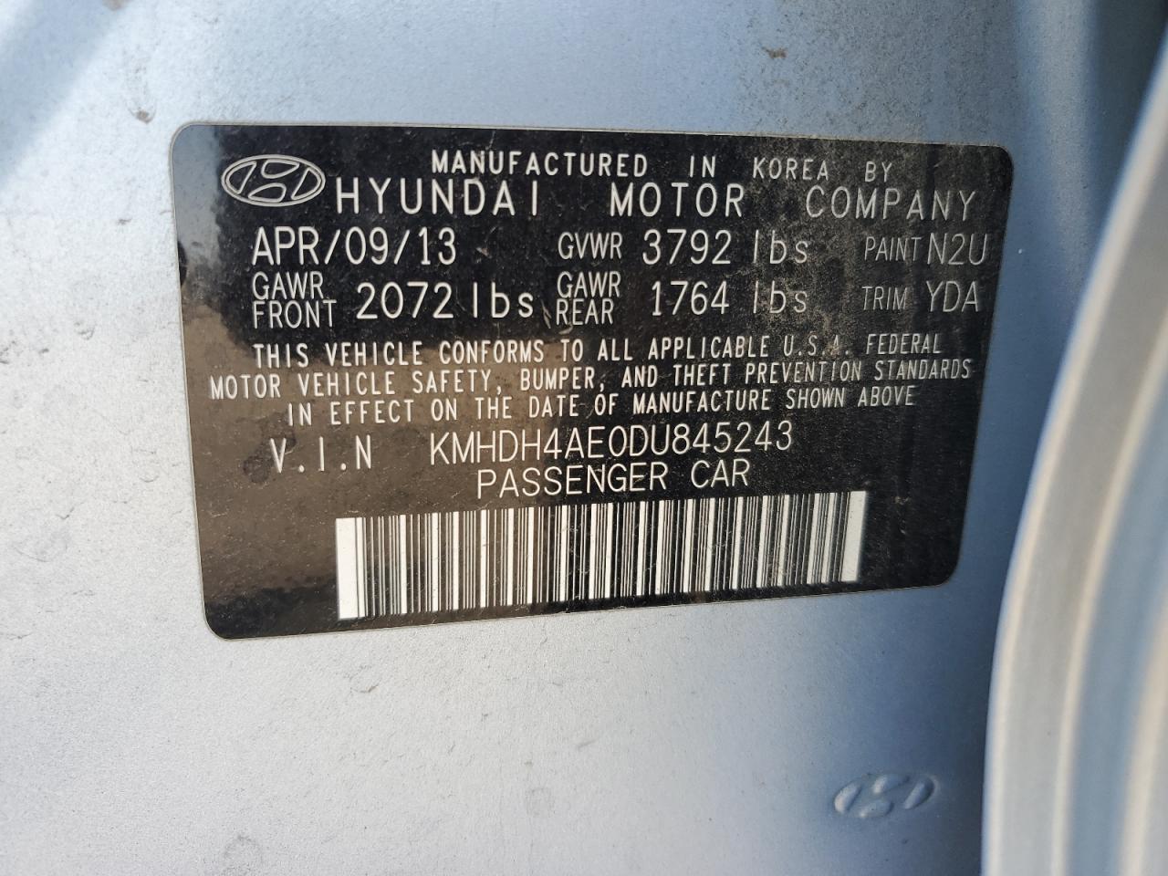2013 Hyundai Elantra Gls VIN: KMHDH4AE0DU845243 Lot: 67763355