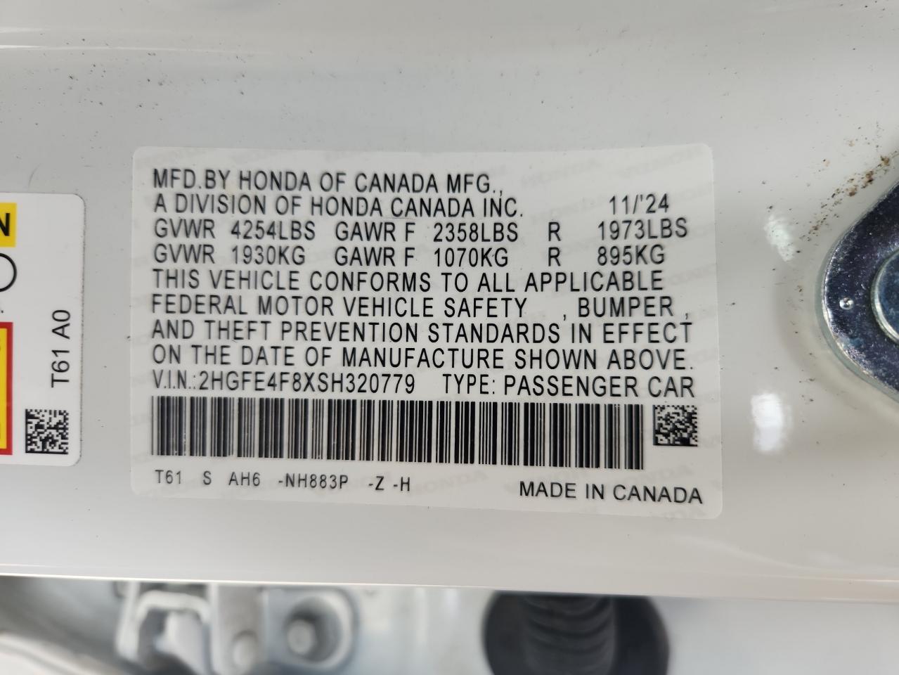 2025 Honda Civic Sport VIN: 2HGFE4F8XSH320779 Lot: 65092135