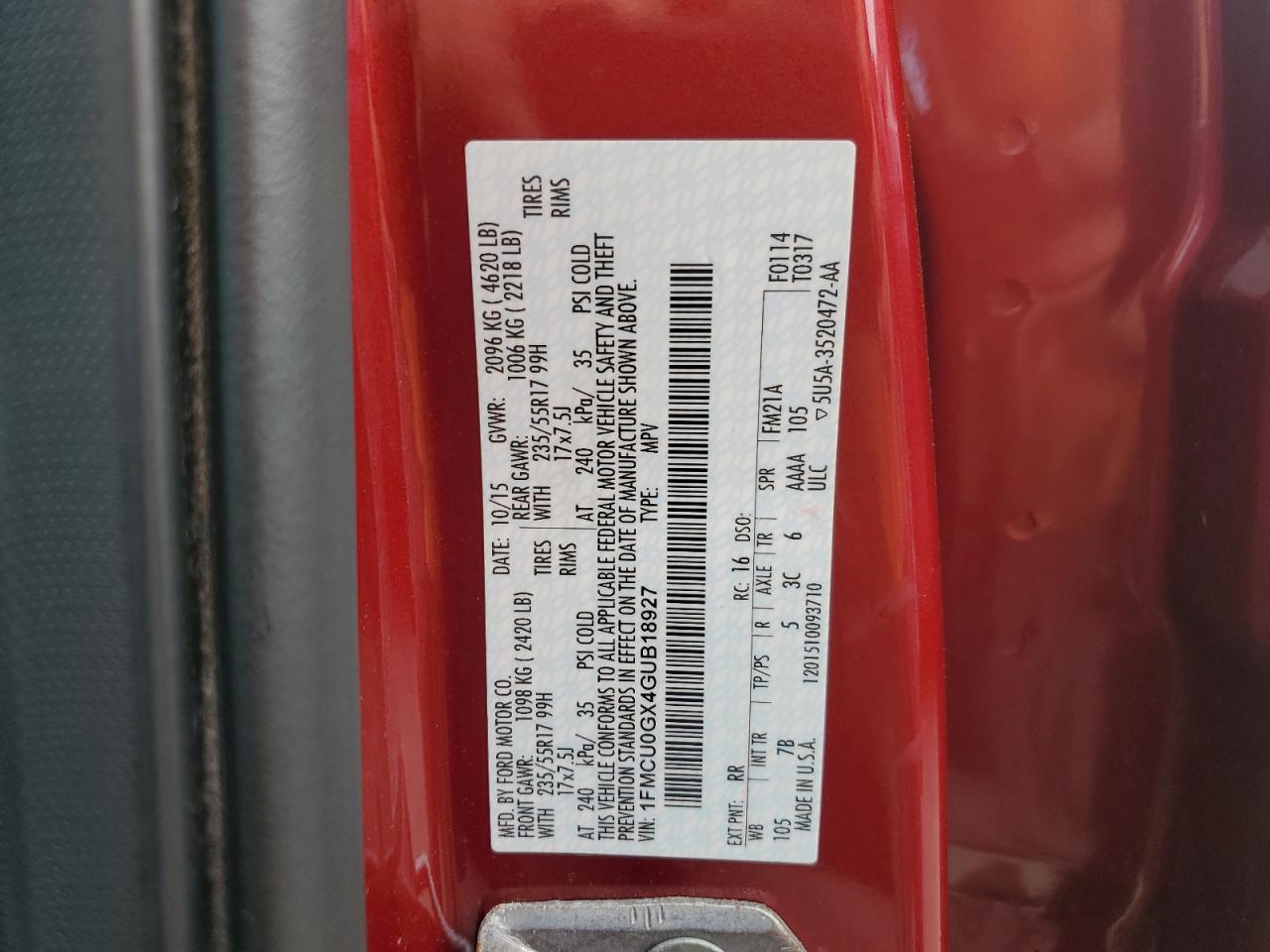 2016 Ford Escape Se VIN: 1FMCU0GX4GUB18927 Lot: 65408835