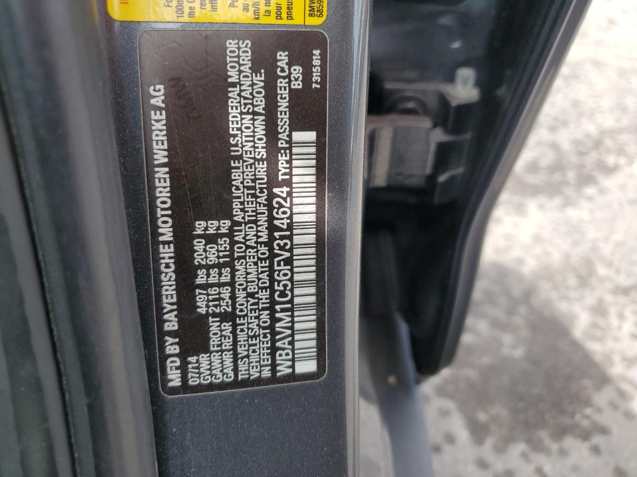 2015 BMW X1 Sdrive28I VIN: WBAVM1C56FV314624 Lot: 65293785