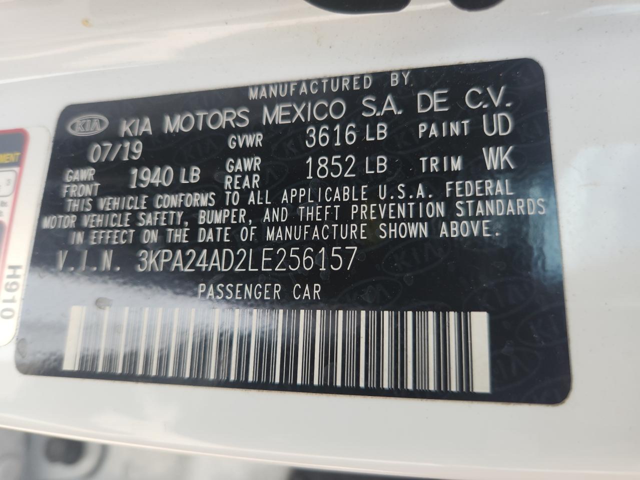 2020 Kia Rio Lx VIN: 3KPA24AD2LE256157 Lot: 63371185