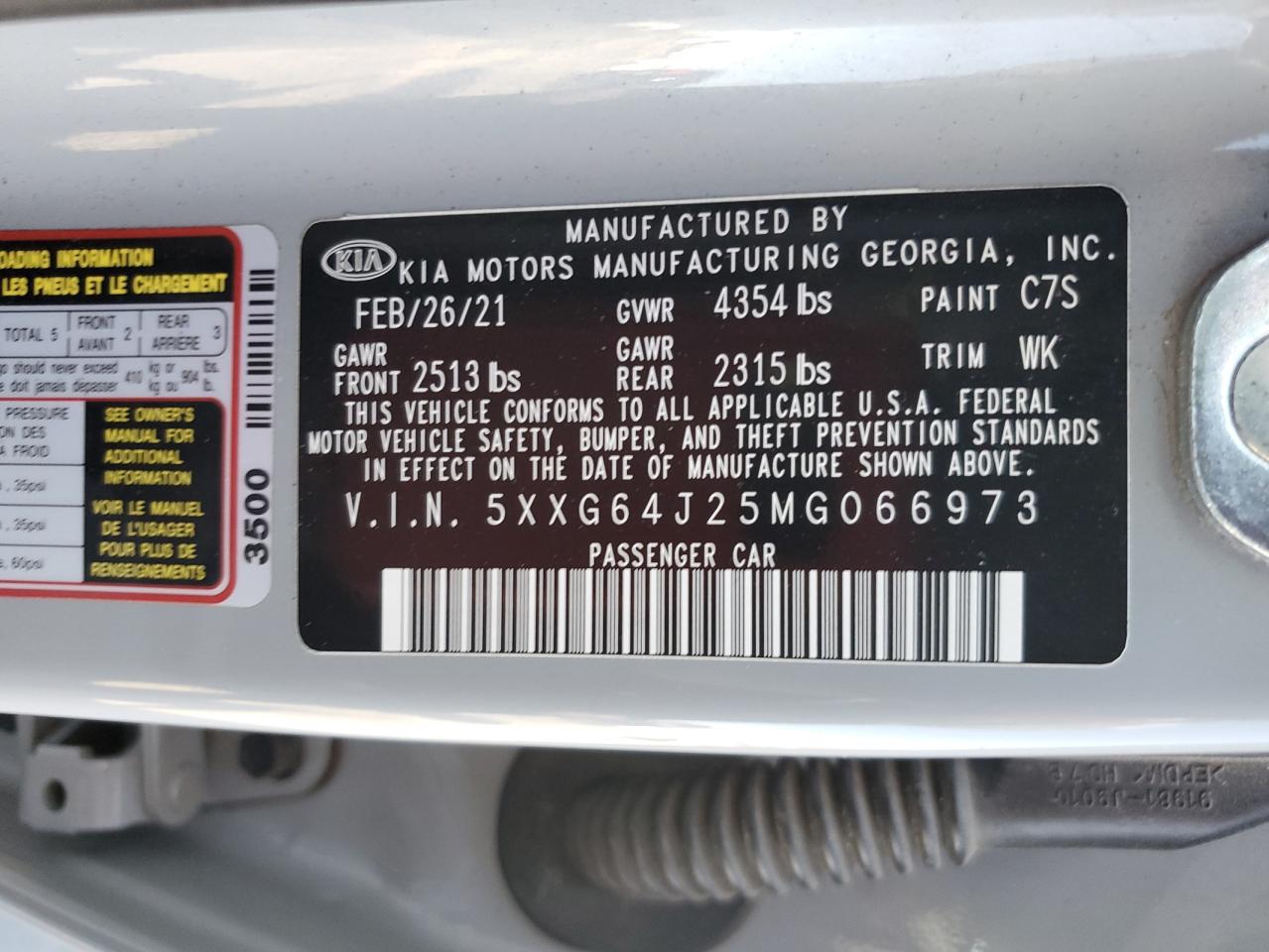 2021 Kia K5 Gt Line VIN: 5XXG64J25MG066973 Lot: 63454345