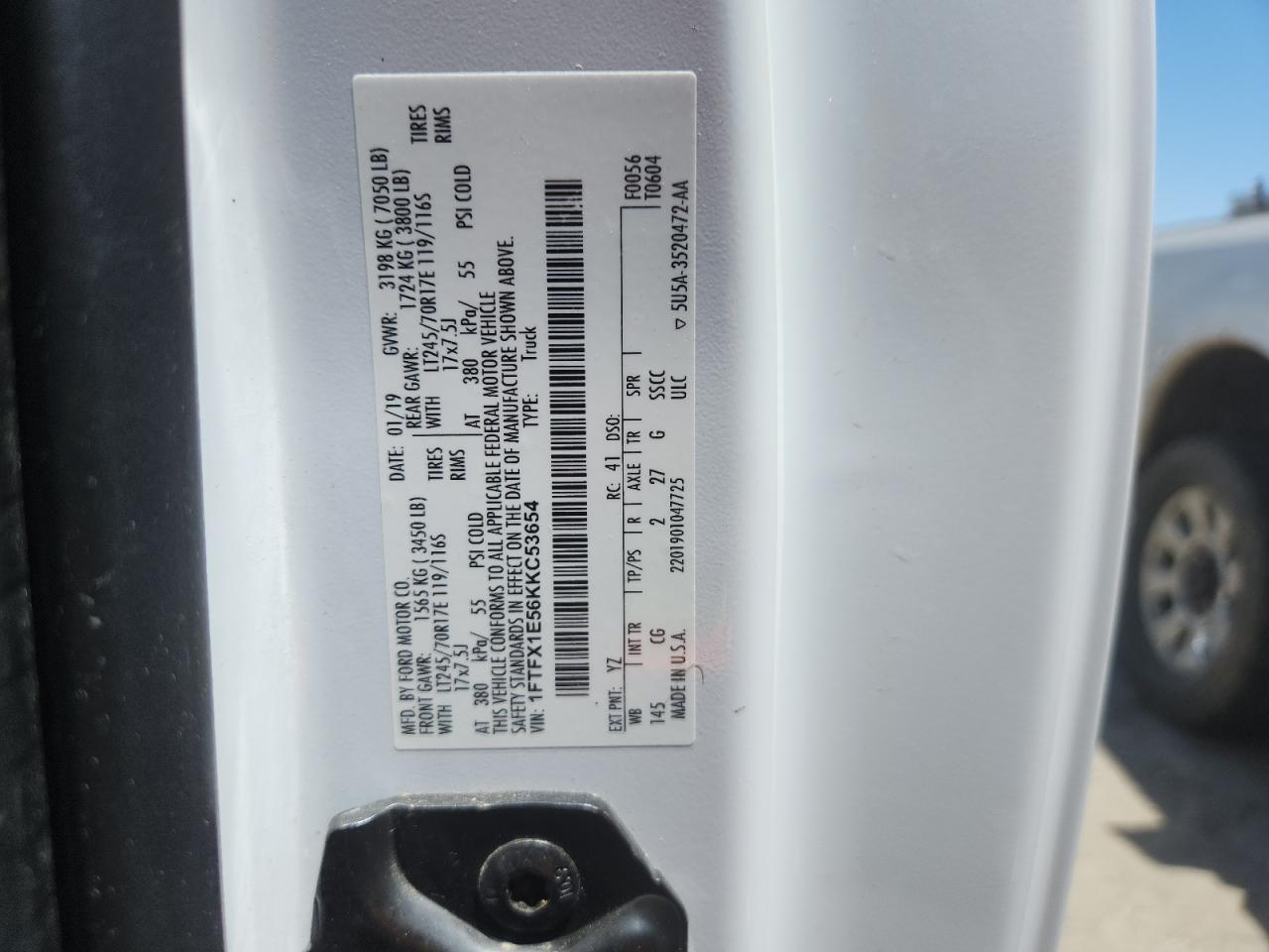 2019 Ford F150 Super Cab VIN: 1FTFX1E56KKC53654 Lot: 63669335
